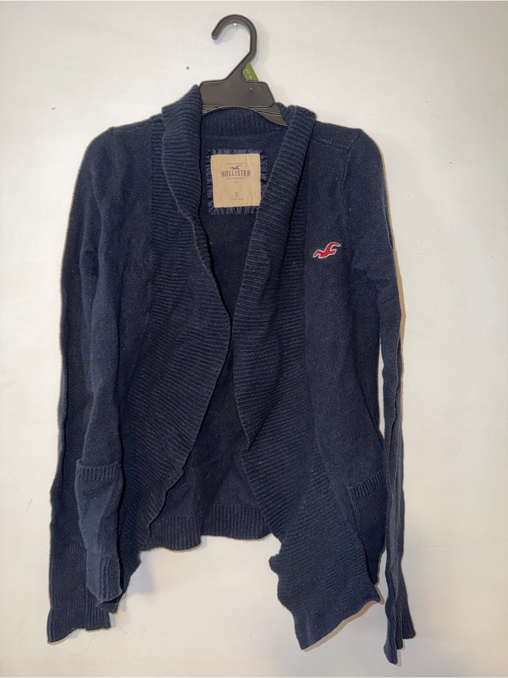 Hollister Navy Shawl-Collar Open Cardigan with Pink Logo
